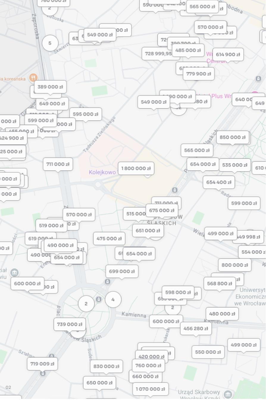 Mapa z ofertami nieruchomości
